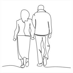 Wall Mural - Elderly couple in continuous line art drawing style. Senior man and woman walking together holding hands. Minimalist black linear sketch isolated on white background. Vector illustration
