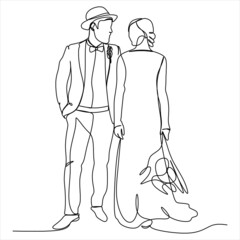 Wall Mural - one continuous drawn line wedding drawn from the hand picture silhouette. line art. The characters of the bride and groom of the husband and wife are married