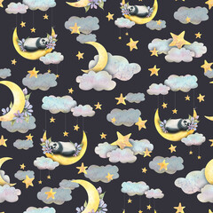 Wall Mural - Watercolor illustration of the night sky with the moon, stars and clouds with a sleeping cute panda on a swing. Seamless pattern, childish on a dark background. For textiles, wallpaper, paper, fabrics