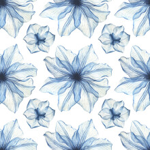 Watercolor Floral Seamless Pattern, Dusty Blue Flowers With Transparent Petals. Hand Painted Watercolor Flowers On A White Background 