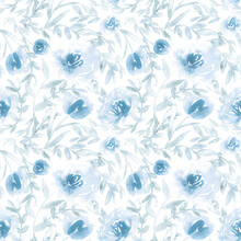 Seamless Large Scale Blue Floral Watercolor Pattern. All Over Faded Flowers Wallpaper And Fabric Print. 