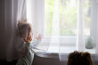 baby girl behind curtain holding hands up, mother is looking, natural home window background