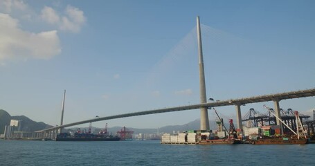 Fototapete - Ship cross the sea over the cargo terminal port in Hong Kong