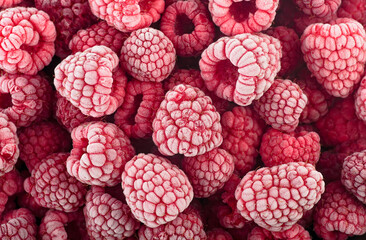 Poster - Top view of frozen raspberries covered with hoarfrost as background. Fresh berries.