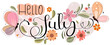 Hello July. JULY month vector hand lettering with flowers, butterfly, and leaves. Decoration floral vintage. Illustration month July calendar	

