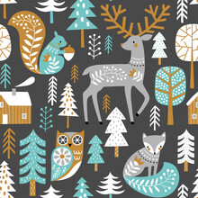 Seamless Vector Pattern With Cute Woodland Animals And Woods On Dark Grey Background. Scandinavian Woodland Illustration. 