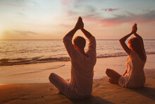 Yoga Lotus On The Beach, Couple Silhouettes