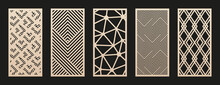 Laser Cut Patterns. Vector Set With Abstract Geometric Texture, Lines, Stripes, Grid, Chevron, Triangles. Stencil For Laser Cutting Of Wood Panel, Metal, Plastic. Trendy Design. Aspect Ratio 1:2