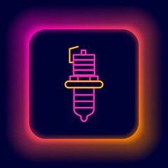 Poster - Glowing neon line Car spark plug icon isolated on black background. Car electric candle. Colorful outline concept. Vector