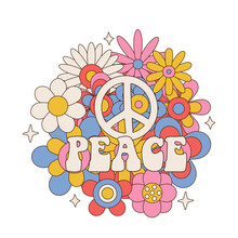 Peace Sign And Word On Colorful Flowers Round Daisy Bouquet Isolated On White Background. Linear Color Vector Illustration.