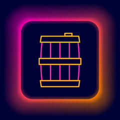 Sticker - Glowing neon line Wooden barrel icon isolated on black background. Alcohol barrel, drink container, wooden keg for beer, whiskey, wine. Colorful outline concept. Vector