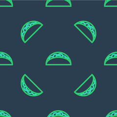 Wall Mural - Line Taco with tortilla icon isolated seamless pattern on blue background. Traditional mexican fast food menu. Vector