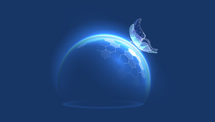 Butterfly with protective shield insurance concept in digital futuristic polygonal style. The dome is a force field as a symbol of conservation or nurturing. Mockup with an empty area in the center