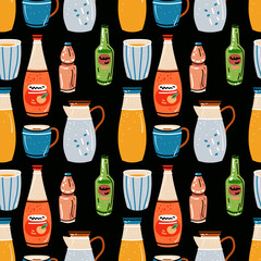 Wall Mural - Colored seamless of food and drink. Pattern with bright colorful crockery. Cups for coffee, tea. Bottles of orange juice, jugs of milk. Colorful background for kitchen design.