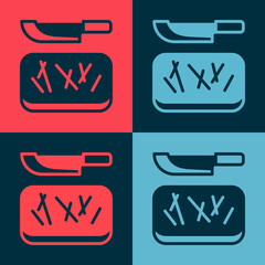 Canvas Print - Pop art Cutting board and knife icon isolated on color background. Chopping Board symbol. Cutlery symbol. Vector