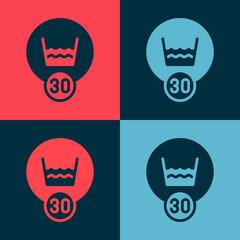 Sticker - Pop art Washing under 30 degrees celsius icon isolated on color background. Temperature wash. Vector