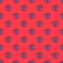 Sticker - Blue line Infectious waste icon isolated seamless pattern on red background. Tank for collecting radioactive waste. Dumpster or container. Biohazardous substances. Vector