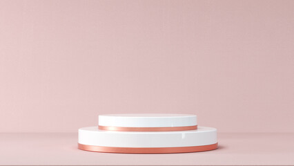 Fototapete - Pastel pink podium empty showcase pedestal product display for product presentation. Composition with round scene. Geometry with crystals. Abstract blank platform. Round scene. 3d Rendering