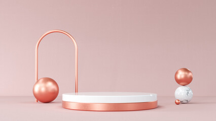 Fototapete - Composition with round scene.geometry with spheres. Abstract Pastel pink geometric shape blank platform. Podium empty showcase pedestal product display for cosmetic presentation. 3d Rendering