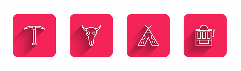 Poster - Set line Pickaxe, Buffalo skull, Indian teepee or wigwam and Slot machine with long shadow. Red square button. Vector