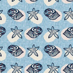 Indigo Blue Seashell nautical seamless pattern. Modern marine shell print in classic nantucket fabric textile hand drawn block print style. Summer 2 tone high contrast jpg tile swatch