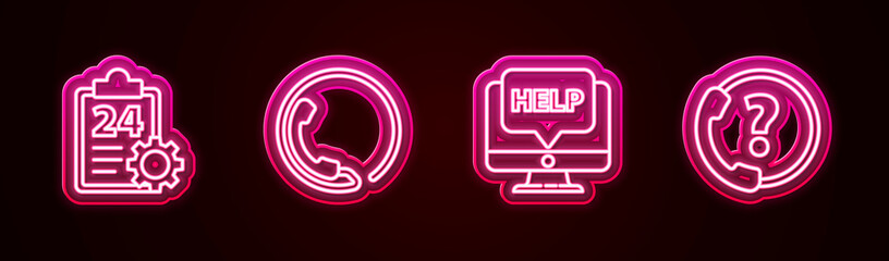 Poster - Set line Checklist with 24 hours service, Telephone support, Computer monitor and help and . Glowing neon icon. Vector