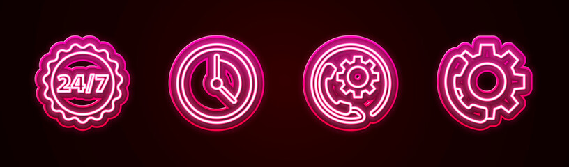 Poster - Set line Clock 24 hours, Time Management, Telephone support and . Glowing neon icon. Vector