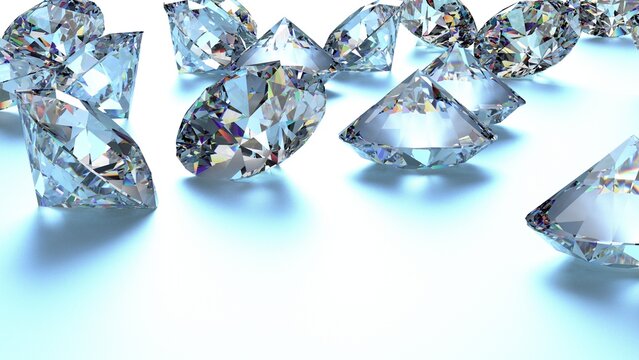 Shiny Diamonds on sky blue surface background. Concept image of luxury living, expensive things and high added value. 3D CG. High resolution.