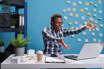 Wall Mural - mad angry call center operator shouting with rage while talking with client. furious telemarketing a