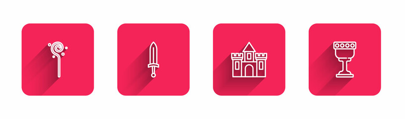 Poster - Set line Magic staff, Medieval sword, Castle, fortress and goblet with long shadow. Red square button. Vector