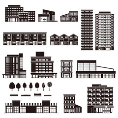 Sticker - 様々な建物のベクターイラスト. 建物の外観. 建物のシルエット.