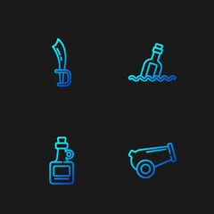 Sticker - Set line Cannon, Alcohol drink Rum, Pirate sword and Bottle with message water. Gradient color icons. Vector