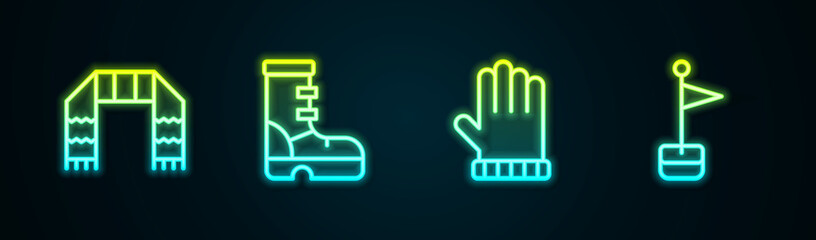 Sticker - Set line Winter scarf, Waterproof rubber boot, Christmas mitten and Location marker. Glowing neon icon. Vector