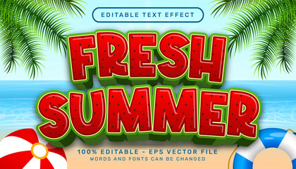 Poster - fresh summer watermelon texture 3d editable text effect and sea landscape background
