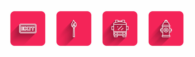 Sticker - Set line Fire exit, Burning match with fire, truck and hydrant with long shadow. Red square button. Vector