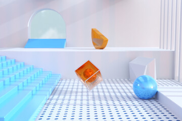 Poster - empty room with glass box in the middle -  3d rendering 