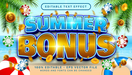 summer bonus 3d editable text effect with chip illustration and sea landscape background