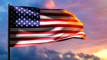 Wall Mural - The US flag on a bright blurry background. The American flag on the flagpole. Banner with stars and stripes. A bright collage with the symbol of America. National flags. 3d image