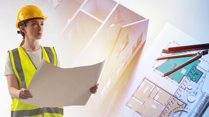 Poster - Construction design. Woman architect with paper drawing in her hands. Engineer on the background of drawings and house mock-up. Architectural and construction bureau. Construction projects.