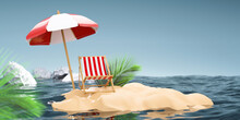 Summer Background 3d Product Display Platform Scene With Surfboard Platform. Sky Cloud Summer Background 3d Render On The Ocean Display. Podium On Sand Beach Cosmetic Product Display Stand