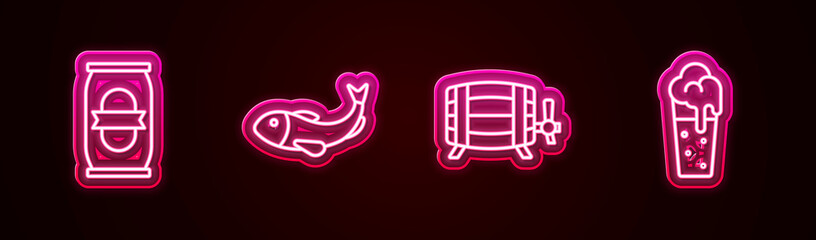 Sticker - Set line Beer can, Dried fish, Wooden barrel and Glass of beer. Glowing neon icon. Vector