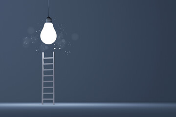 Wall Mural - Light bulb brighting and ladder on white background. Concept of creative idea and inspire innovation, Think different, Standing out from the crowd. 3d rendering illustration