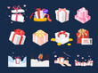 © Design Present - event gift box package illustration set. present, ribbon, heart, garland, confetti. Vector drawing. Hand drawn style.