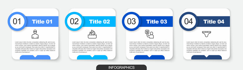 Sticker - Set line Swimmer, Windsurfing, Assessment of judges and Swimming trunks. Business infographic template. Vector