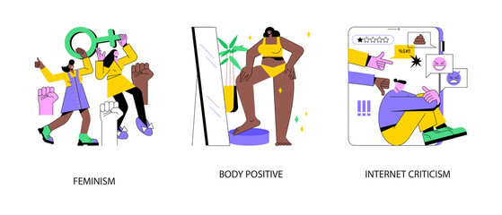 Poster - Social activism abstract concept vector illustration set. Feminism, body positive, internet criticism, girl power, gender equality, plus size brand promotion, troll message abstract metaphor.