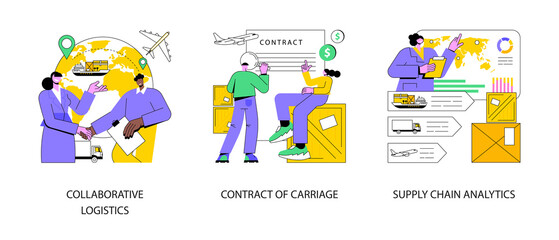  Logistic industry abstract concept vector illustration set. Collaborative logistics, contract of carriage, supply chain analytics, freight cost, cargo transportation, goods delivery abstract metaphor.