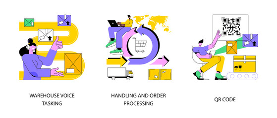 Poster - Warehouse modern technology abstract concept vector illustration set. Warehouse voice tasking, handling and order processing, QR code, automated operations, order documentation abstract metaphor.