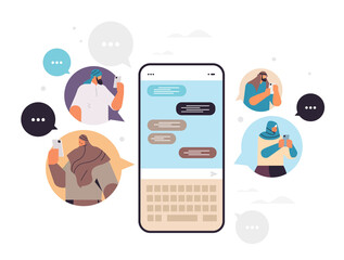 Poster - arab people typing message on smartphone arabic men women chatting in mobile app chat bubble communi