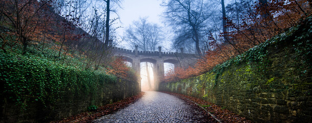 Wall Mural - medieval stone viaduct in the night autumn forest in fog and a road with paving stones. medieval ger