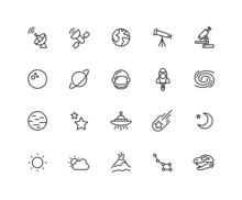 Collection Of Space And Linear Icons. Set Of UFO, Meteor Symbols Drawn With Thin Contour Lines. Vector Illustration.